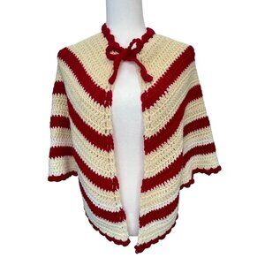 Vintage Hand Crafted Grandma Knitted Crochet Poncho Striped Red Cream White SM